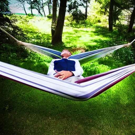 Image similar to award winning photograph of business man resting in a hammock, heavenly, peaceful, tranquil