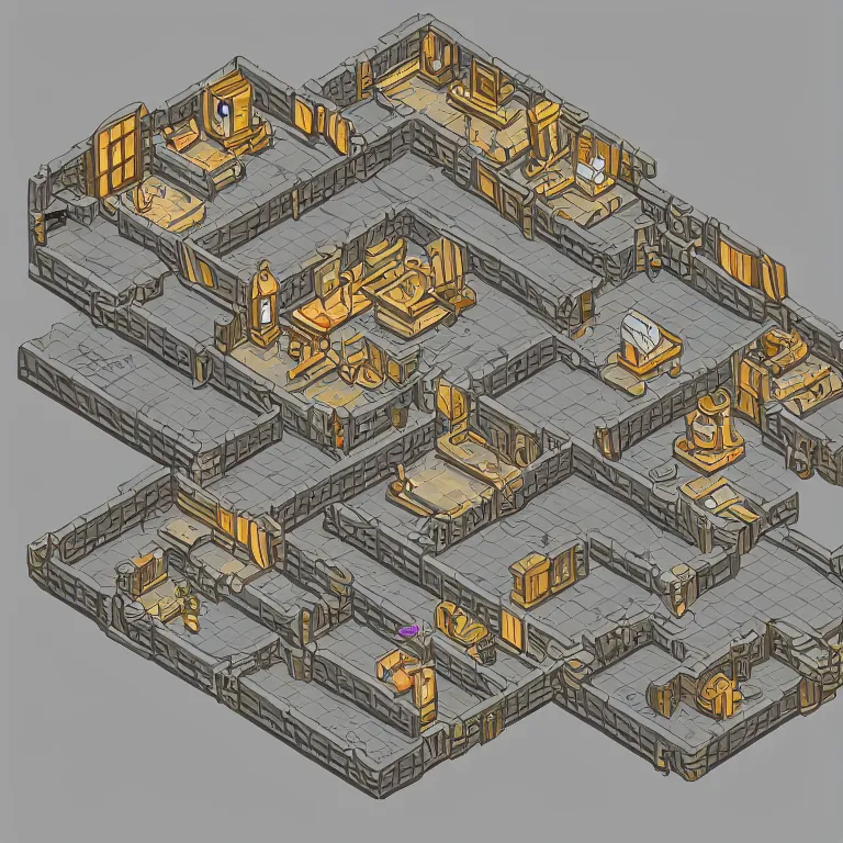 Image similar to isometric top down dungeon backrooms painted in the style of Tadai Ando