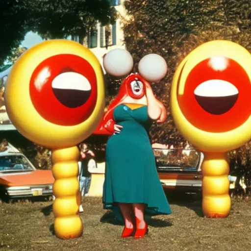 Image similar to 1976 glamorous curvy woman wearing an inflatable smiley head, wearing a dress, in a small village full of inflatable animals, 1976 French film archival footage technicolor film expired film 16mm Fellini new wave John Waters Russ Meyer movie still