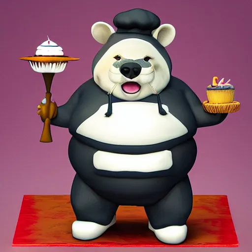 Prompt: pvc figurine of a fat badger wearing a chef's hat and apron and holding a cake, furry art, badger, artstation, figurine