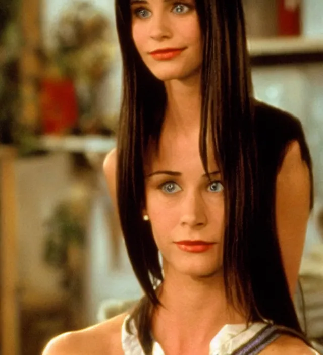 Image similar to young courtney cox as monica in friends, movie still frame, hd, cinematic lighting