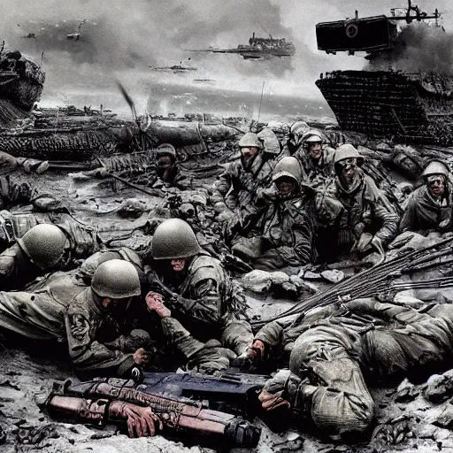 Image similar to d - day scene from saving private ryan except it's by victo ngai and yoji shinkawa moebius jean girard and stuart brown bryan christie godmachine keith thompson psychedelic combat art world war two combat photography photorealistic