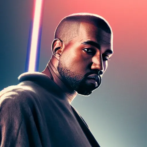 Prompt: Portrait of Kanye West as a jedi, splash art, cinematic lighting, dramatic, octane render, long lens, shallow depth of field, bokeh, anamorphic lens flare, 8k, hyper detailed, 35mm film grain