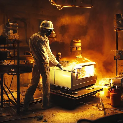 Image similar to cyborg toaster oven repairman, dark messy smoke - filled cluttered workshop, dark, dramatic lighting, orange tint, sparks, plasma rays, cinematic, highly detailed, sci - fi, futuristic, movie still