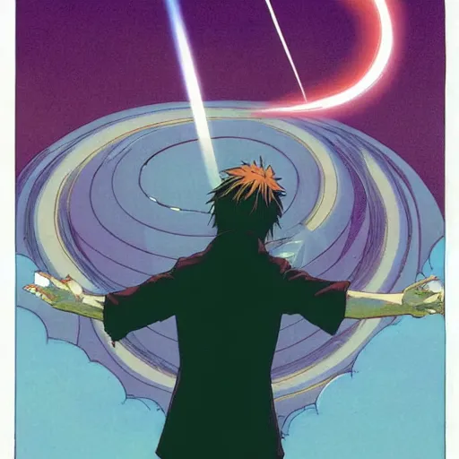 Image similar to a powerful psychic guy emitting psychic powers, psychic, psychic powers, magic, ufotable studio art style, by moebius, by jamie hewlett, aesthetic!,