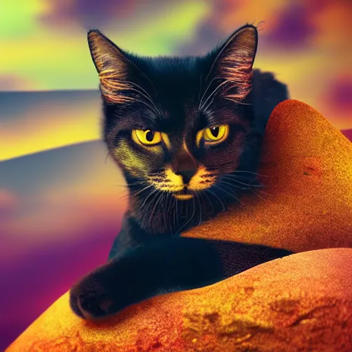 Prompt: cat stranded on an empty planet with colorful nature, 4k