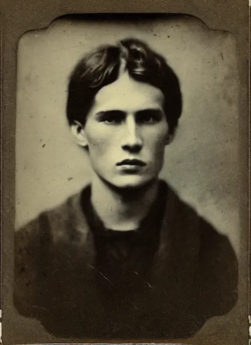 Prompt: tintype photo of alyosha karamazov, handsome innocent young russian man, by julia margaret cameron 1 8 8 0 s, realistic, body shot, sharp focus, 8 k high definition, insanely detailed, intricate, elegant