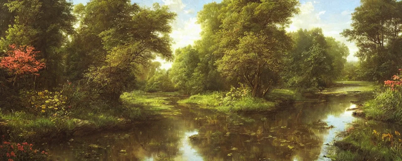 Prompt: a river running through a forest, reflections, beautiful flowers, classic painting, award winning, highly detailed