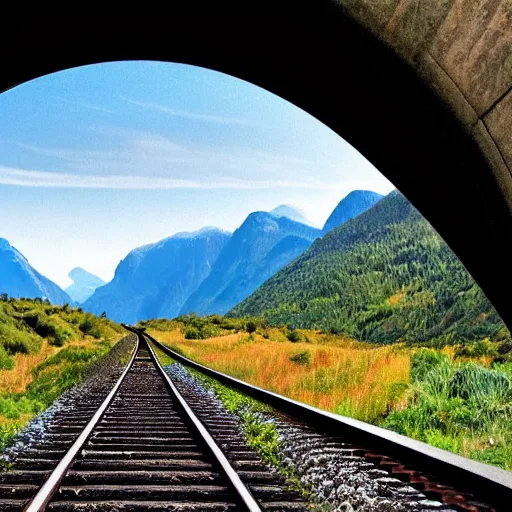 Image similar to a train track going through a tunnel with mountains in the background, an album cover by rhads, unsplash contest winner, neo - romanticism, aesthetic, windows vista, outrun