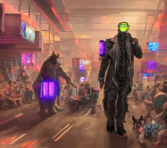 Image similar to high - resolution photograph from a cyberpunk era furry fandom convention ( midwest furfest 2 0 4 7 ), taking place after the genetic revolution and quantum singularity. photorealistic.