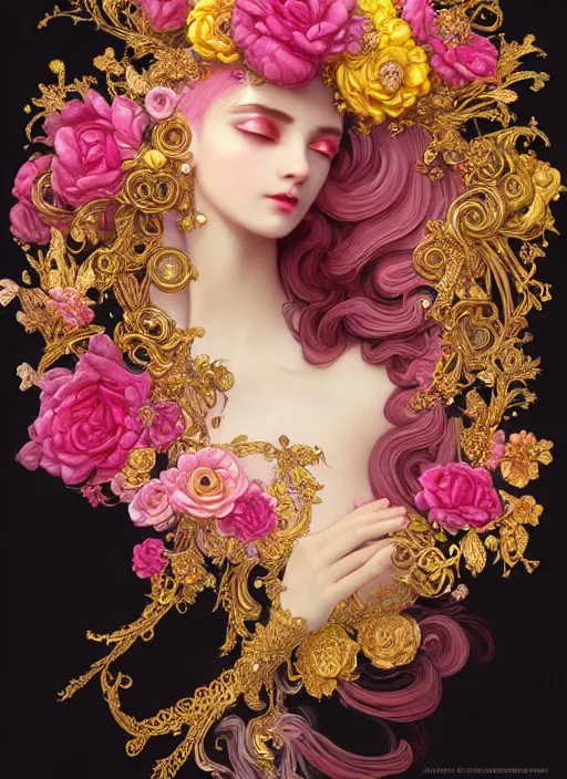 Image similar to beautiful black pink yellow, complicated gold and pink flowers in baroque style headwears, dark fantasy, intricate, elegant, highly detailed, digital painting, artstation, highly saturated colors, concept art, matte, 3 d 8 k octane rendered, sharp focus, illustration, octane rendered, art by artgerm and alphonse mucha, leesha hannigan