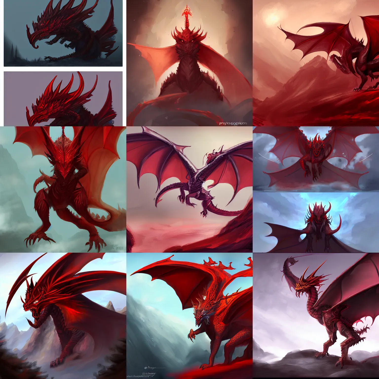 Prompt: concept art, polycount contest winner, d & d, fantasy art, a drawing of a red dragon flying in the sky, a character portrait by pinchus kremegne, speedpainting