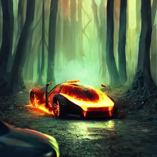 Prompt: cyberpunk car on fire in the middle of the woods, stylized, artgerm, artstation, hd, cgsociety, cgi, realistic, dramatic, cinematic, artistic, trending, detailed