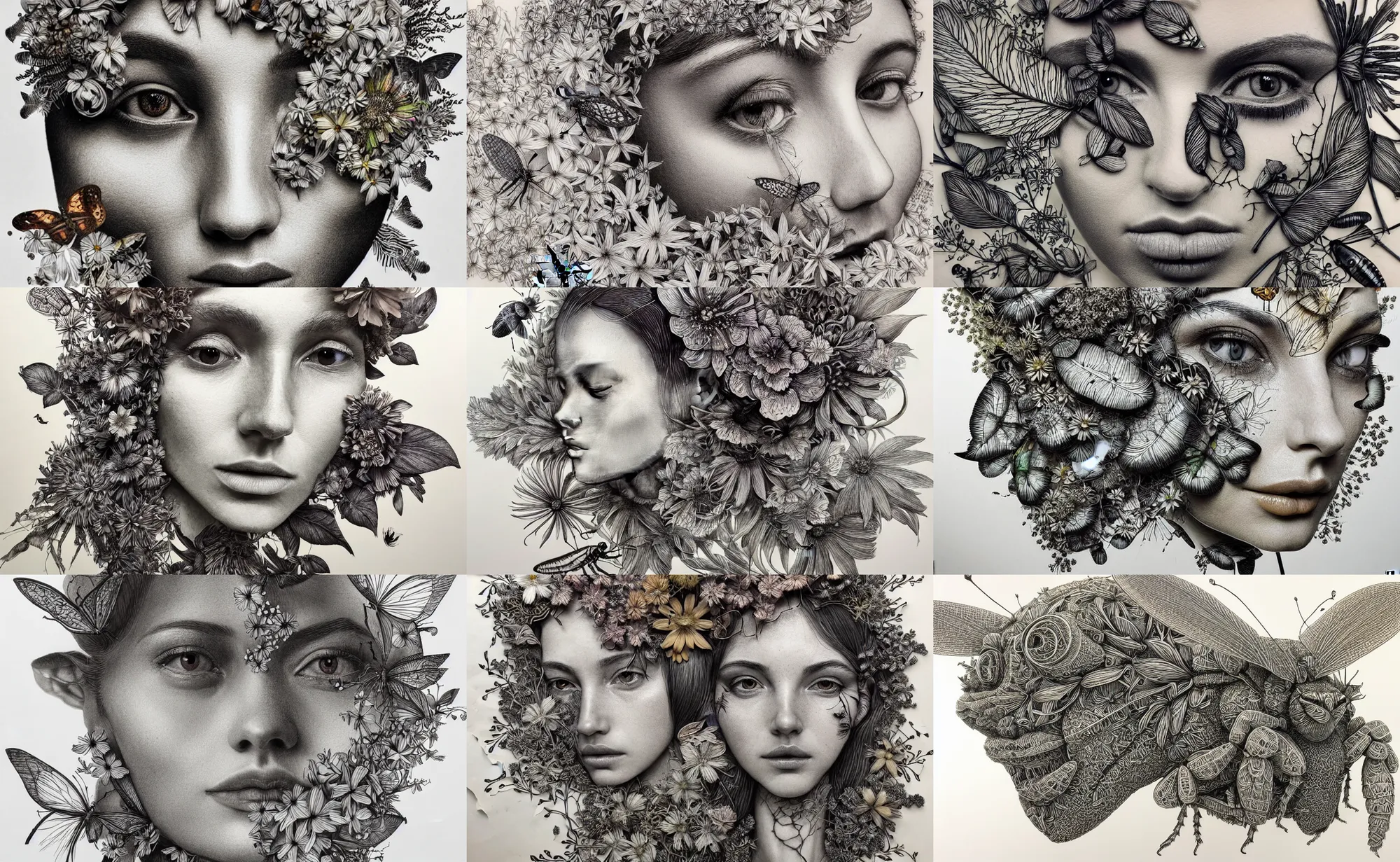 Prompt: 3 d rendered hand cut images of flora and fauna come together in lush and intricate composition of a face, insects, flowers, foliage, captivating, pen and ink doodles, mixed media, hyperrealism mixed with 2 d