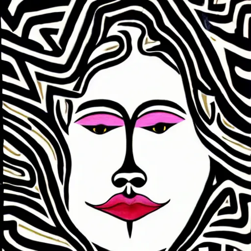 Image similar to A beautiful body art of a human-like creature with long, stringy hair. The figure has no eyes, only a mouth with long, sharp teeth. The creature is standing on a cliff overlooking a dark, foreboding sea. Kai Fine Art by Camille Walala, by Walt Disney ordered