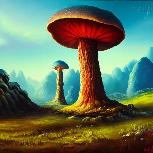 Image similar to alien landscape, oil painting, giant mushrooms, 4k, trending on artstation