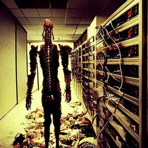 Image similar to “ugly filthy gross fleshy raw meat insectoid cybernetic mummy horse standing in a filthy dirty small server room filled with garbage and networking cables. David Cronenberg. Body horror style. 35mm.”