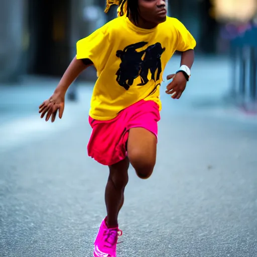 Prompt: portrait of midget a $ ap rocky running down a sidewalk, sharp focus, 4 k professional photograph, soft lighting