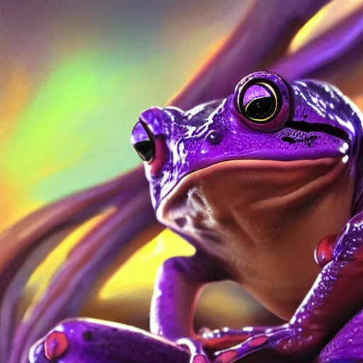 Prompt: A professional digital portrait painting of a frog wizard, painted in the style Arcane, 4k, digital art, trending on cgsociety, highly detailed, upper body shot, shallow depth of field, purple and yellow lighting, professional lighting, airbrush