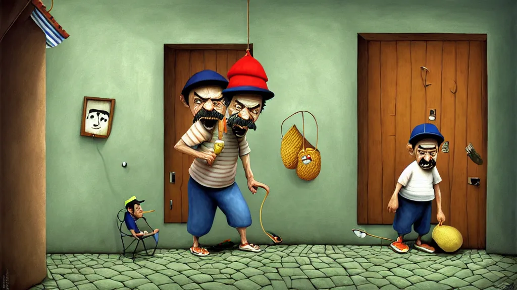 Prompt: illustration cartoon don ramon, seu madruga, el chavo del ocho, funny gediminas pranckevicius by roberto gomez bolanos