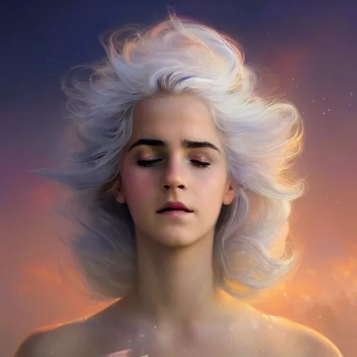 Prompt: a beautiful portrait of a beautiful cloud goddess with numerous tiny birds flying in the background and closed eyes, colorful galaxy theme colors, white hair, cloud hair, Emma Watson eyes, ultra-realistic digital art by Greg Rutkowski and Raymond Swanland, Trending on Artstation, ultra-realistic digital art