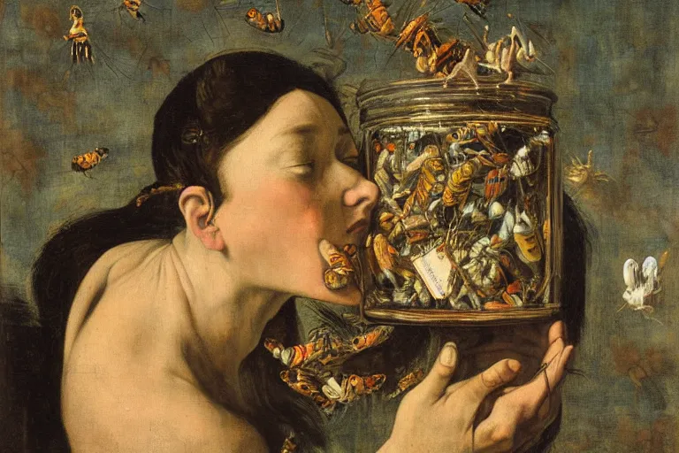Image similar to a painting of pandora opening her jar, releasing insects and critters that impersonate sickness and death, personification of misery in the style of realism and artemisia gentileschi