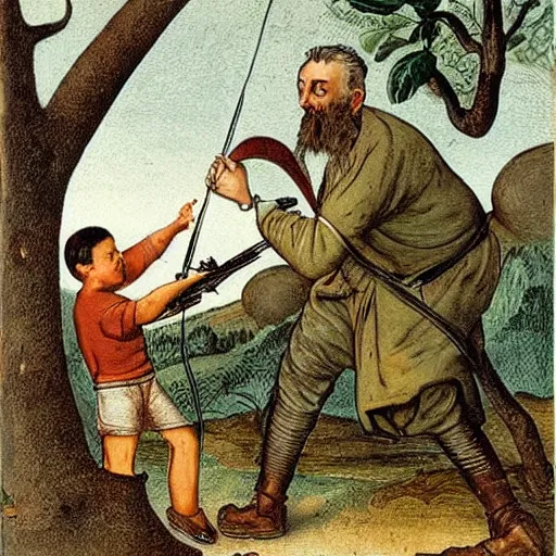 Prompt: Father with crossbow shooting an apple from the head of his son, bound to a tree