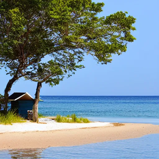 Prompt: small house on an island beach, gentle waves