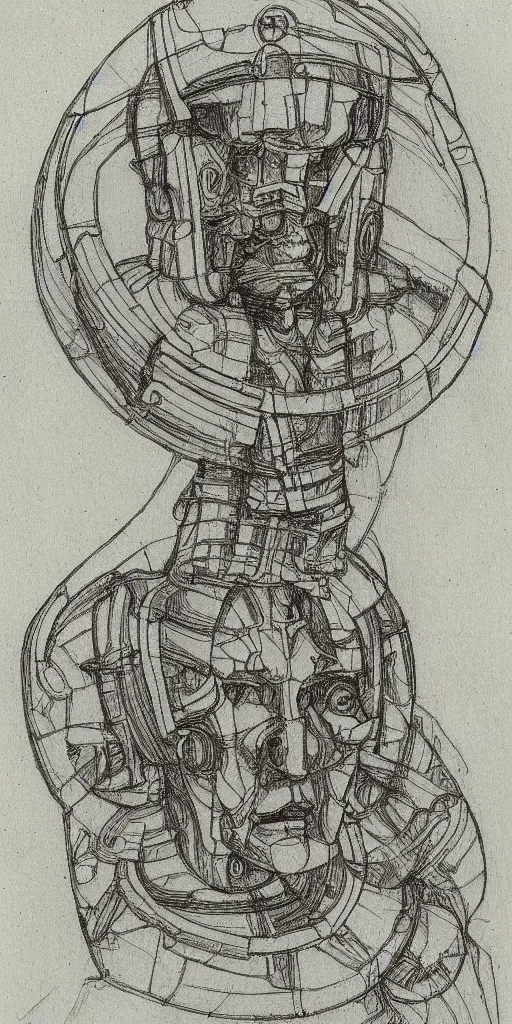 Prompt: humanoid machine sketch by Leonardo da Vinci, sketchbook, highly detailed, symmetrical