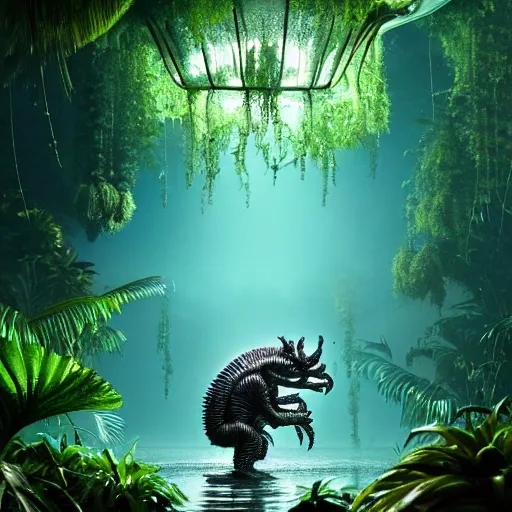 Image similar to creature in a lush tropical vegetation, water reflection, night, backlit : : by michal karcz, daniel merriam, victo ngai and guillermo del toro : : ornate, dynamic, particulate, intricate, elegant, highly detailed, centered, artstation, smooth, sharp focus, octane render, 3 d