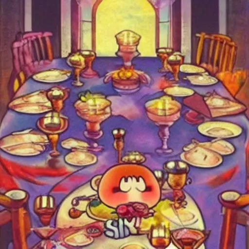 Prompt: kirby!!!!!!!!!!!!!! romantic dinner, candlelight, roses