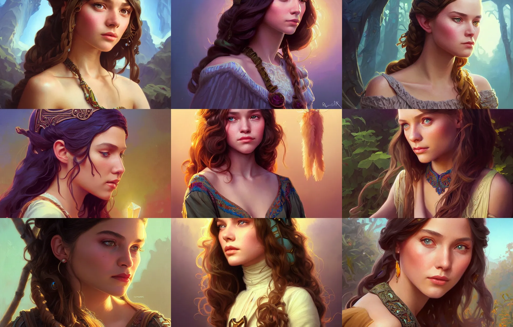 Prompt: portrait of young hollywood actress from 1 9 7 0 s hippie, deep focus, d & d, fantasy, intricate, elegant, highly detailed, digital painting, artstation, concept art, matte, sharp focus, illustration, hearthstone, art by rhads by artgerm and greg rutkowski and alphonse mucha