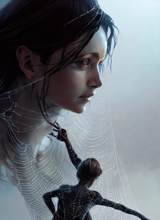 Image similar to painting of a woman in a spider web, highly detailed, digital painting, concept art, smooth, sharp focus, illustration, illustration by greg rutkowski, yoji shinkawa, 4 k, digital art, concept art, trending on artstation, 8 k