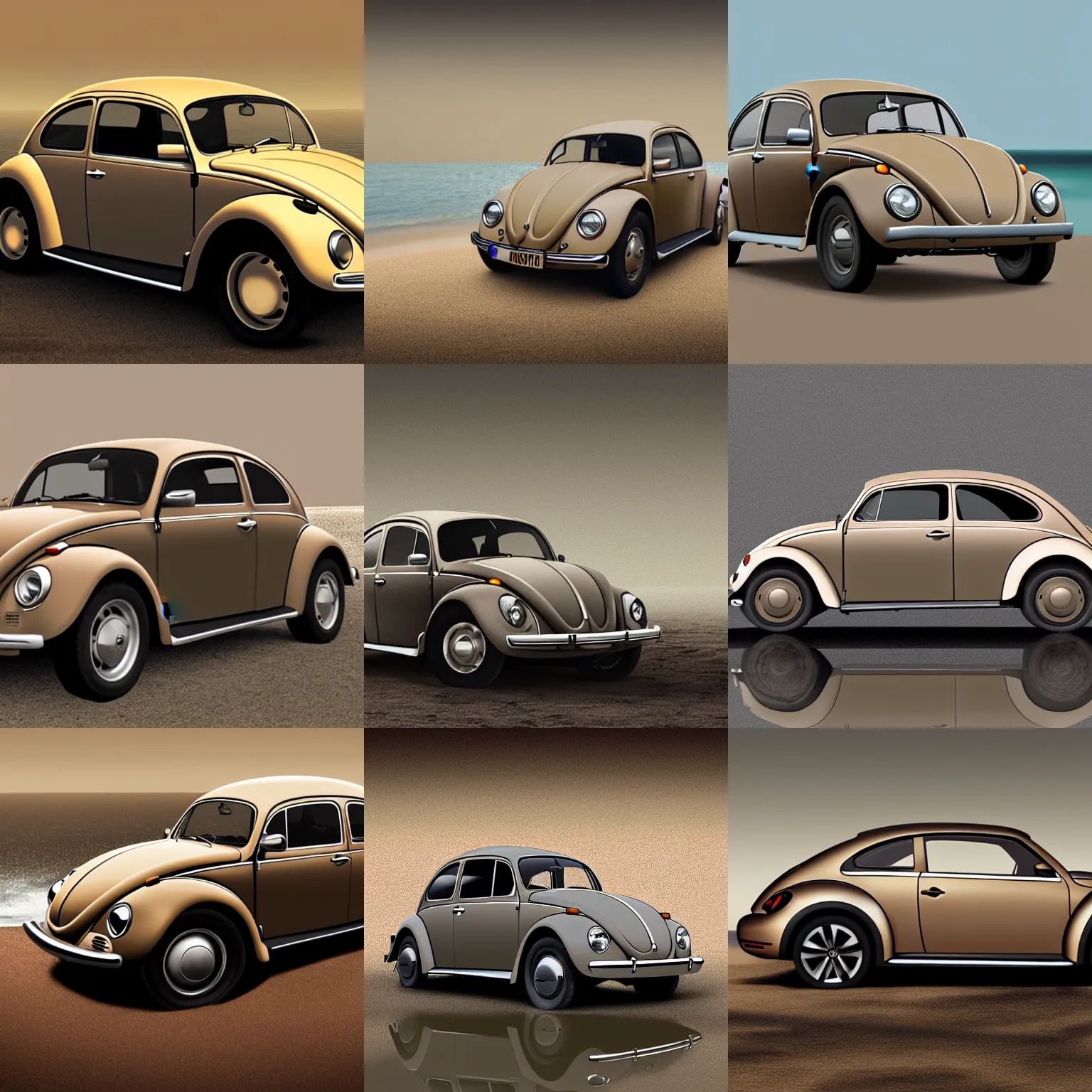 Prompt: sepia gray volkswagen beetle 2 0 2 2, beach, reflection, foggy, hyper - realism, 8 k rendering