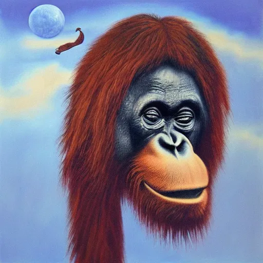 Image similar to orangutan 7 0 s progressive rock album cover, oil painting