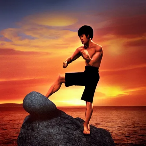 Image similar to Bruce Lee doing a kick on a rock while the sun rises in the background, HD, high resolution, cinematic, 4K