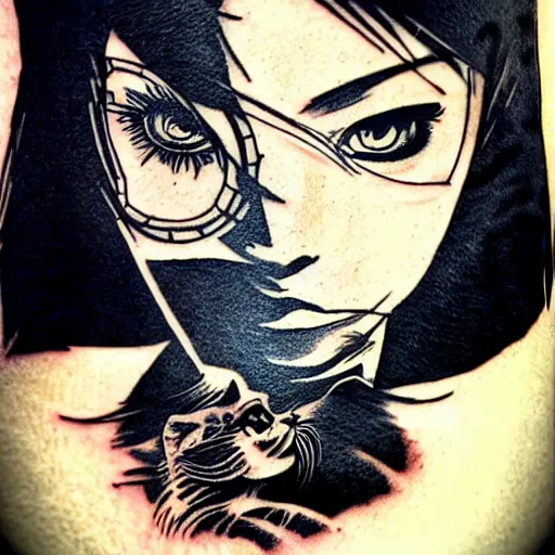 Image similar to tattoo design, stencil, portrait of a post apocalyptic japanese girl, artgerm, cat girl