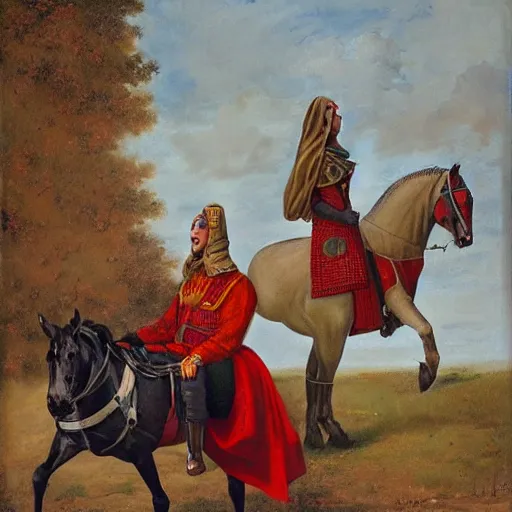 Prompt: a person on a horse with a laptop, wearing traditional tatar clothes, horse has Opel logo painted on its head