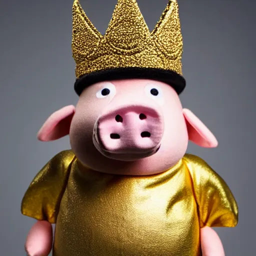 Image similar to studio photograph of a pig depicted as a muppet wearing a gold crown, front view