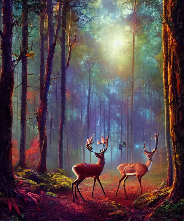 Image similar to a single realistic deer, walking through a psychedelic forest, wide angle landscape shot, pixar style by tristan eaton, artgerm and tom bagshaw