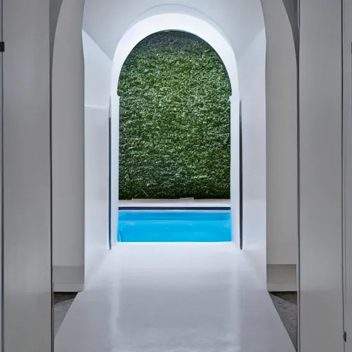 Prompt: an underground pool in an all white room with smooth arched ceilings and doorways, liminal space, dark lighting,