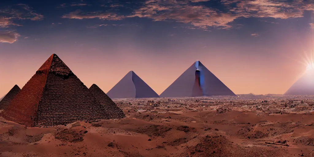 Image similar to a city in the desert with a pyramid in center, ziggurat, fantasy art,hyper realistic, dramatic lighting, cinematic, 35mm lens, 8k,