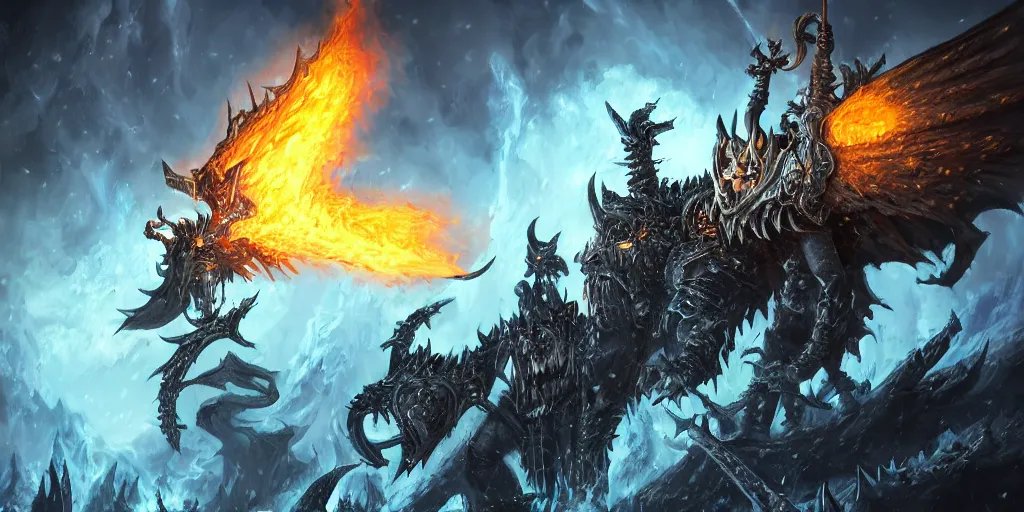 Prompt: an epic battle between the lich king and deathwing from world of warcraft trending on artstation