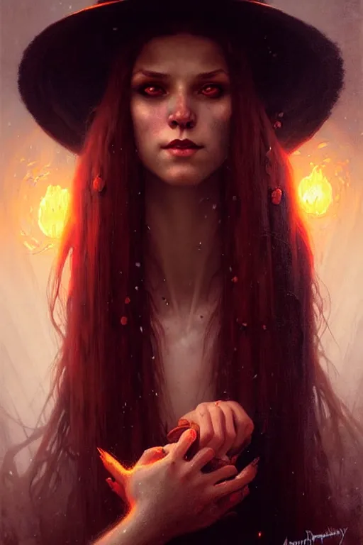 Image similar to young attractive witch portrait by anna podedworna, greg rutkowski, gaston bussiere, simon bisley