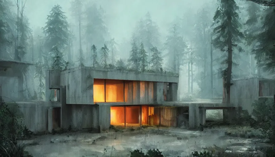 Prompt: brutalist house in the forest, cinematic shot, aaa game concept art oil painting by jama jurabaev, extremely detailed, brush hard, artstation, high quality, brush stroke