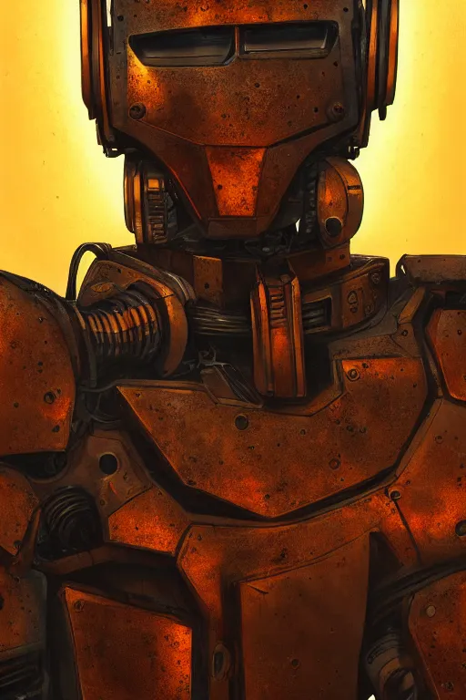 Prompt: a close-up portrait of a rusty and damaged robot, dramatic backlighting, golden hour, autochrome, high contrast, highly detailed, sharp focus, digital painting, concept art, illustration, rock, chiaroscuro, trending on artstation, art by Steven Stahlberg