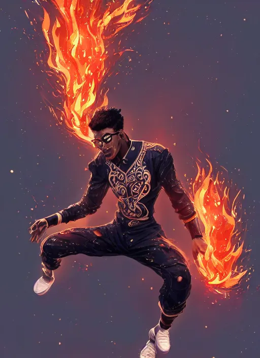 Prompt: a highly detailed illustration of black guy with tall box fade hair wearing tracksuit with flaming hands and feet, heroic flying pose, intricate, elegant, highly detailed, centered, digital painting, artstation, concept art, smooth, sharp focus, league of legends concept art, wlop