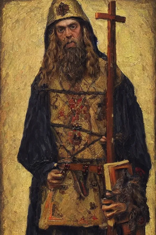 Prompt: slavic dog head man, woolen torso in medieval clothes, builds wooden house, orthodox saint christopher, oil painting, painting by viktor vasnetsov, concept art, hyperrealism, beautiful, high resolution, trending on artstation,