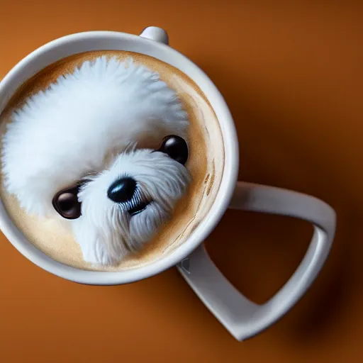 Image similar to a closeup photorealistic photograph of barista drawing bichon frise shaped latte art in a cup. professional capture, well lit shot. this 4 k hd image is trending on artstation, featured on behance, well - rendered, extra crisp, features intricate detail, epic composition and the style of unreal engine.