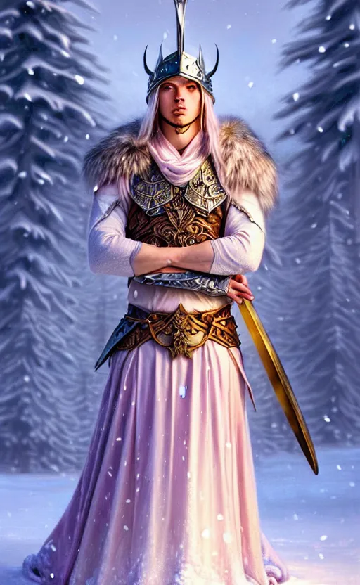 Prompt: kunzite viking warrior, regal, elegant, winter, snow, beautiful, stunning, hd, illustration, epic, d & d, fantasy, intricate, elegant, highly detailed, wide angle, digital painting, artstation, concept art, smooth, sharp focus, illustration, wallpaper, art by artgerm and greg rutkowski and alphonse mucha and jin xiaodi